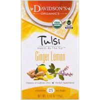 Davidson's Tea, Священный базилик, органический, имбирный лимонный чай, без кофеина, 25 чайных пакетиков, 1,58 унции (45 г)