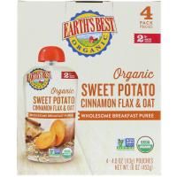 Earth's Best, Organic Sweet Potato, Cinnamon Flax & Oat, Wholesome Breakfast Puree, 6+ Months, 4 Pouches, 4.0 oz (113 g) Each