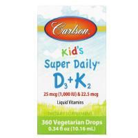 Carlson Labs, Kids, Super Daily D3+K2, 25 mcg (1,000 IU) & 22.5 mcg, 0.34 fl oz (10.16 ml)