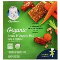 Gerber, батончик из органических фруктов и овощей, для малышей от 12 месяцев, финик и морковь, 5 батончиков в индивидуальной упаковке, 120 г (4,2 унции)