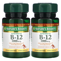 Nature's Bounty, B-12, двойная упаковка, натуральный вишневый вкус, 5000 мкг, по 40 быстрорастворимых таблеток в каждой упаковке