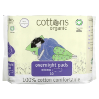 Cottons, Ночные прокладки с крылышками, покрывающий слой из 100% чистого хлопка, для большого объема выделений, 10 штук
