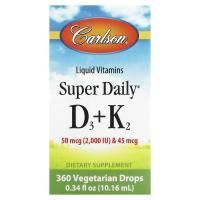 Carlson Labs, Жидкие витамины, Super Daily D3+K2, 50 мкг, 0,34 ж. унц. (10,16 мл)