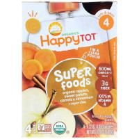 Happy Family Organics, Суперпродукт из серии "Счастливый карапуз", органическая фруктово-овощная смесь c органическим яблоком, бататом, морковью и корицей с добавлением супер-семян чиа, 4 пакета по 4,22 унции (120 г)