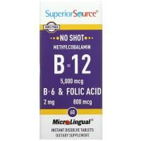 Superior Source, Метилкобаламин B12, 5000 мкг, B-6 и фолиевая кислота 800 мкг, 60 таблеток МикроЛингвал
