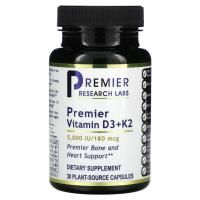 Premier Research Labs, Premier Vitamin D3 + K2, 5000 МЕ / 180 мкг, 30 капсул растительного происхождения