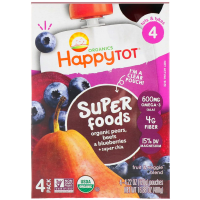 Happy Family Organics, Фруктово-овощная смесь из серии "Счастливый карапуз" c органической грушей, черникой и свеклой с добавлением супер-семян чиа, 4 этап, 4 пакета по 4,22 унции (120 г)