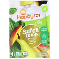 Happy Family Organics, Суперпродукт из серии "Счастливый карапуз", органическая фруктово-овощная смесь c органической грушей, манго и шпинатом с добавлением супер-семян чиа, 4 этап, 4 пакета по 4,22 унции (120 г)