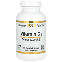 California Gold Nutrition, Витамин D3, 50 мкг, 2000 МЕ, 360 мягких капсул с оболочкой из рыбьего желатина