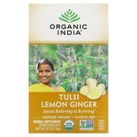 Organic India, Чай тулси, с ароматом лимона и имбиря, без кофеина, 18 бумажных пакетиков, 1.27 унций (36 г)