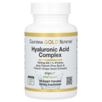 California Gold Nutrition, комплекс гиалуроновой кислоты с L-пролином, экстрактом косточек французского винограда и коры французской приморской сосны, 60 растительных капсул