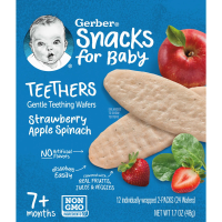 Gerber, прорезыватели, вафли для мягкого прорезывания зубов, для малышей от 7 месяцев, клубника, яблоко и шпинат, 12 пакетиков, по 2 вафли в каждом