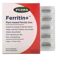 Flora, Ferritin+, ферритин (железо) на растительной основе, 30 веганских капсул с отсроченным высвобождением
