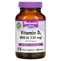 Bluebonnet Nutrition, витамин D3, 125 мкг 5000 МЕ, 100 мягких таблеток