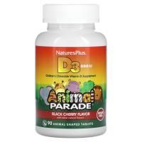 Nature's Plus, Источник жизни, Парад животных, Витамин D3, без сахара, Натуральный вкус черешни, 500 МЕ, 90 животных