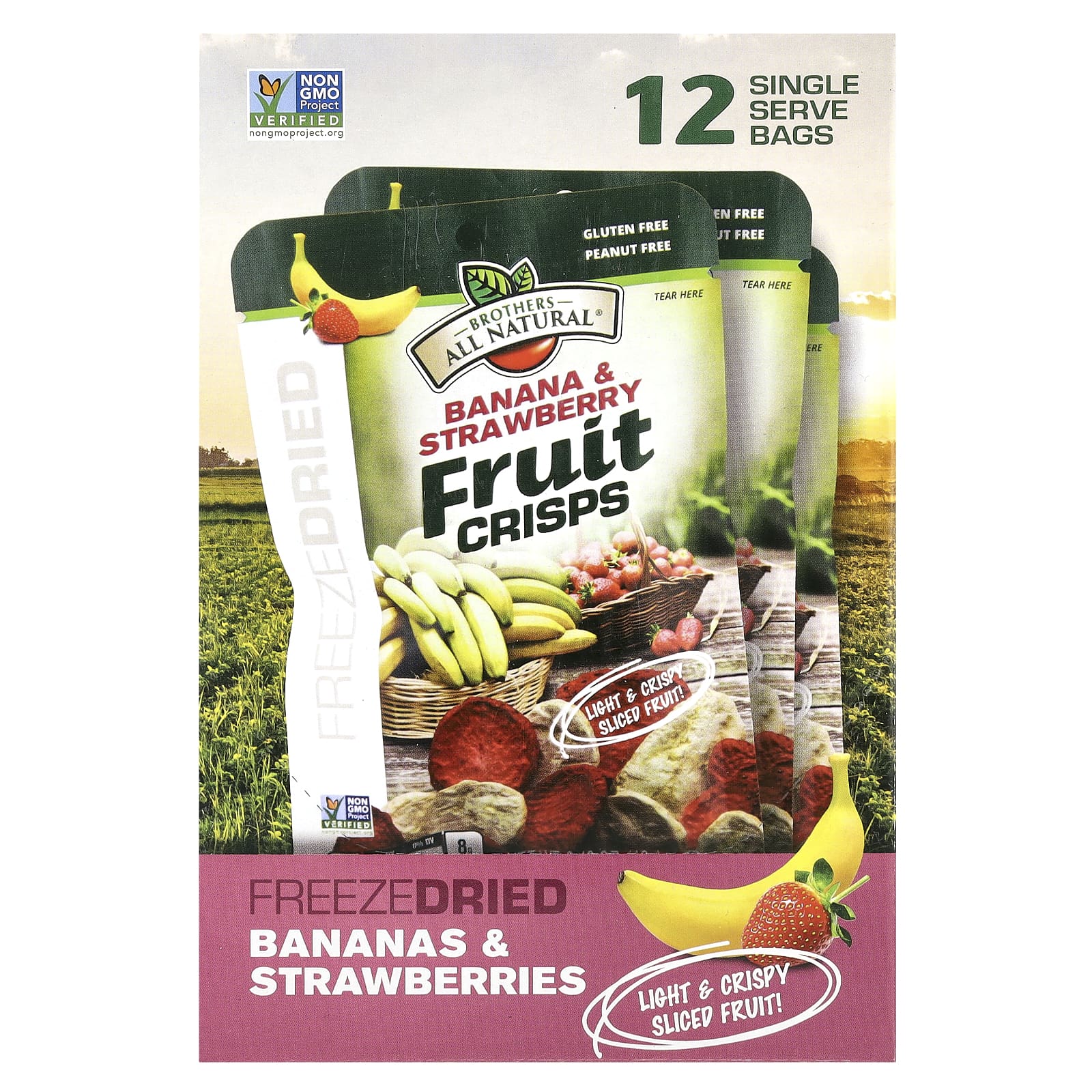 Brothers-All-Natural, Фруктовые чипсы, банан и клубника, 12 пакетиков ...