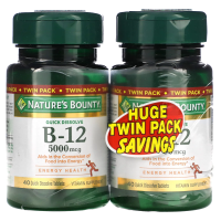 Nature's Bounty, B-12, двойная упаковка, натуральный вишневый вкус, 5000 мкг, по 40 быстрорастворимых таблеток в каждой упаковке