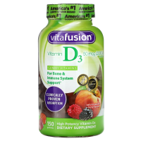 VitaFusion, Витамин D3 для поддержания иммунитета и здоровья костей, с натуральным вкусом персика, ежевики и клубники, 2000 МЕ, 150 жевательных таблеток