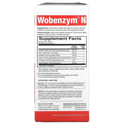 Garden of Life, Wobenzym N, средство для здоровья суставов, 100 таблеток, покрытых кишечнорастворимой оболочкой