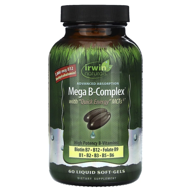 Irwin Naturals, Mega B Complex, с быстрой энергией ТСЦ, 60 жидкостных желатиновых капсул