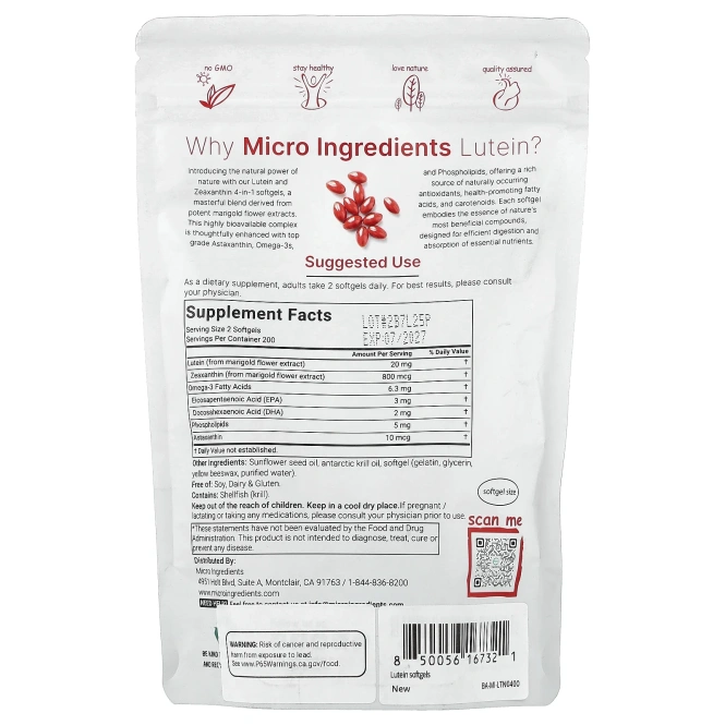 Micro Ingredients, лютеин с зеаксантином, 400 мягких таблеток