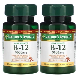 Nature's Bounty, B-12, двойная упаковка, натуральный вишневый вкус, 5000 мкг, по 40 быстрорастворимых таблеток в каждой упаковке