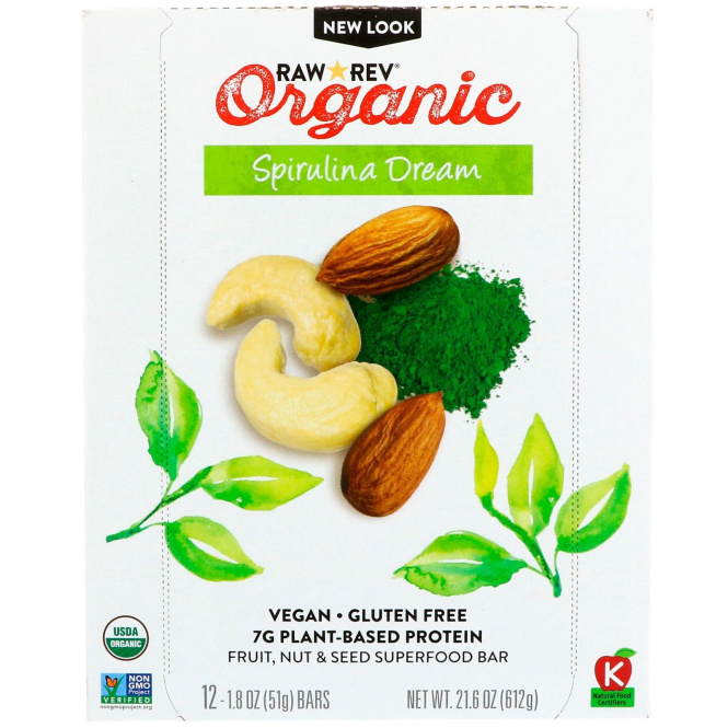 Raw Rev, Органический батончик со спирулиной, 12 батончиков, 1,8 унций (51 г) каждый