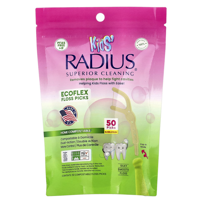 RADIUS, Kids, EcoFlex Floss, жевательная резинка, 50 зубочисток для компостирования