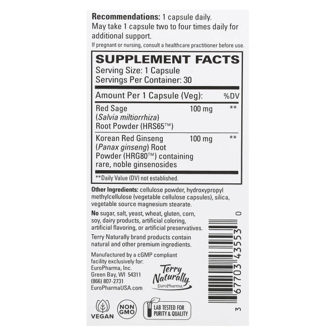 Terry Naturally, Red Sage Plus с HRG80 красным женьшенем, 30 капсул