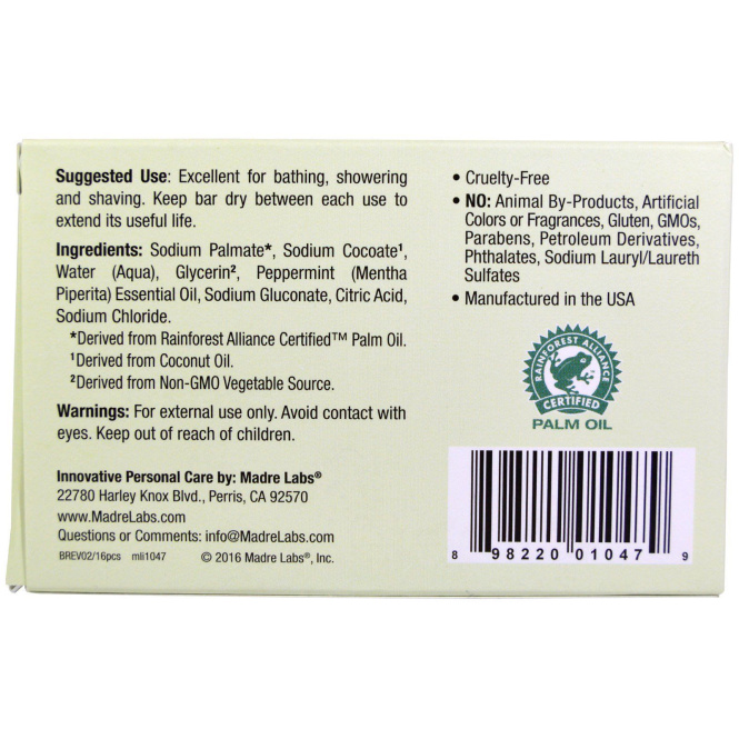 Madre Labs, Мыло Castile,  вегетарианский, перечная мята, 5 унций (141 г)
