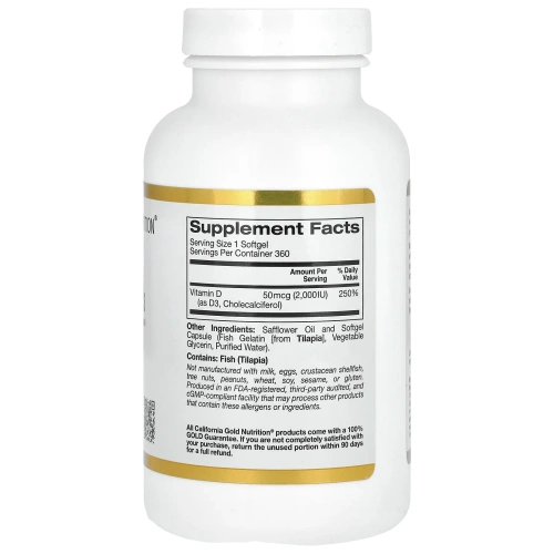 California Gold Nutrition, Витамин D3, 50 мкг, 2000 МЕ, 360 мягких капсул с оболочкой из рыбьего желатина