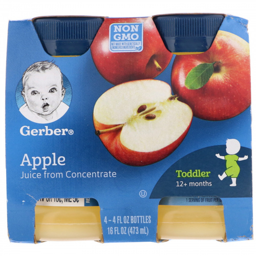 Gerber, Яблочный сок для малышей, от 12 месяцев, упаковка из 4 флаконов по 4 жидких унции (118 мл)