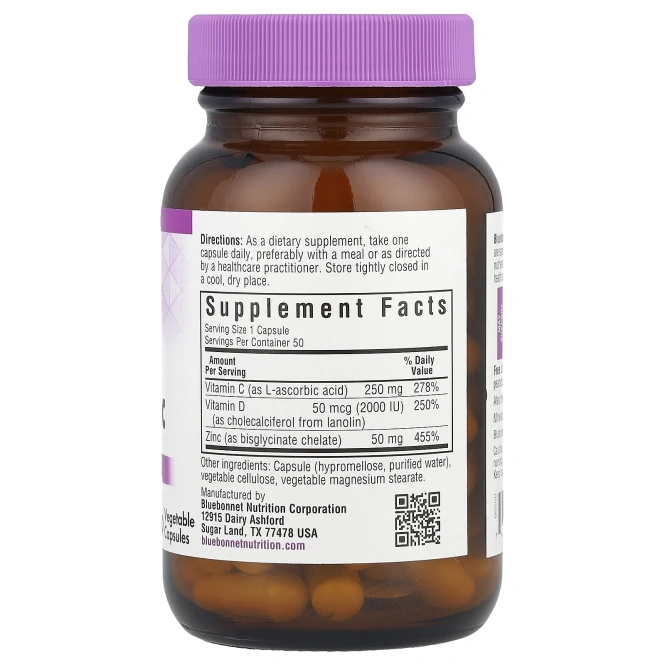 Bluebonnet Nutrition, витамины C, D3 и цинк, 50 растительных капсул