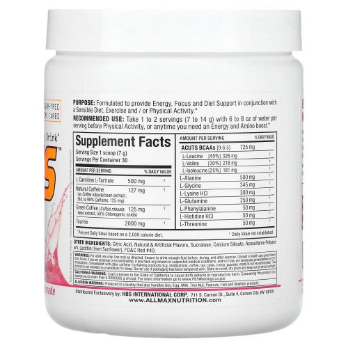 ALLMAX Nutrition, AMINOCUTS (ACUTS), аминокислоты с разветвлённой цепью + таурин + конъюгированная линолевая кислота + сырые зерна кофе, розовый лимонад, 7,4 унции (210 г)