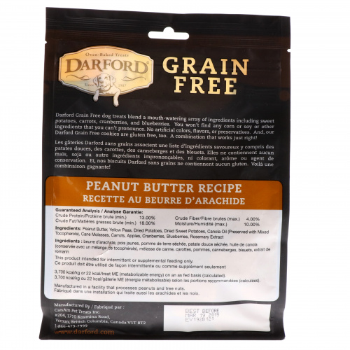 Darford, Не содержит зерновых, запеченные лакомства для собак, рецепт с арахисовым маслом, 12 унц. (340 г)
