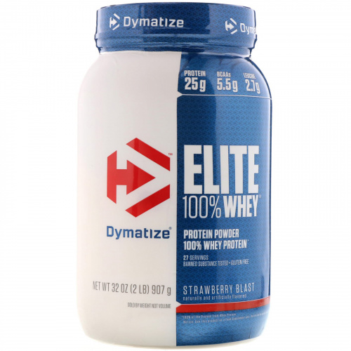 Dymatize Nutrition, Протеиновый 100%-ный сывороточный порошок Elite клубничный взрыв, 907 г