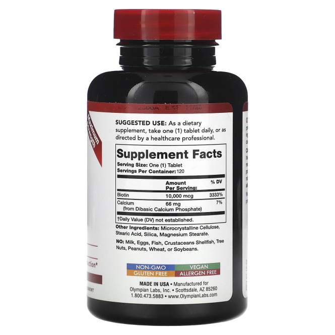 Olympian Labs, биотин, 10 000 мкг, 120 таблеток