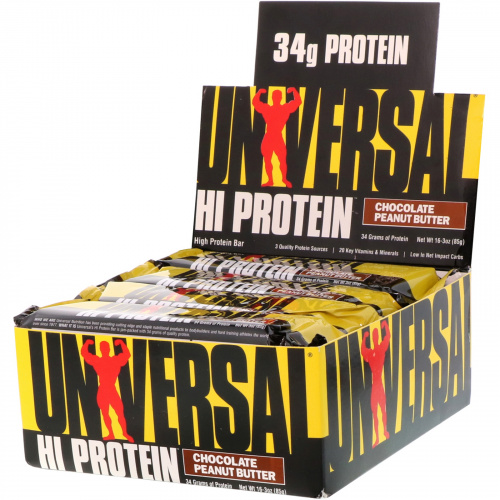 Universal Nutrition, Батончики с высоким содержанием белка, арахисовое масло с шоколадом, 16 батончиков, 3 унции (85 г) каждый