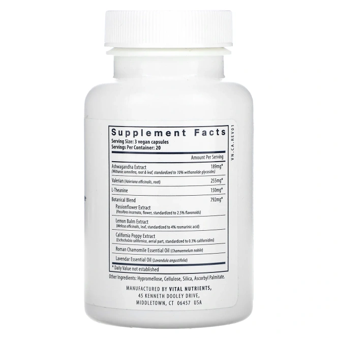 Vital Nutrients, снятие напряжения с ашваганды, 60 веганских капсул