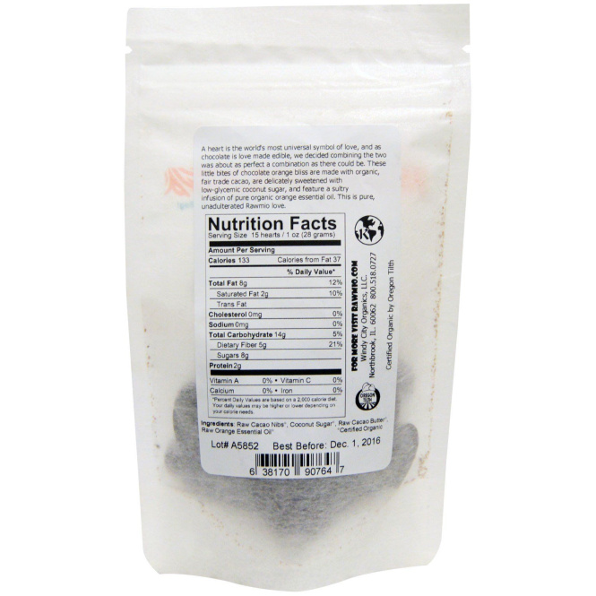 Rawmio, Сердечки из шоколада с апельсином, 2 унции (57 г)