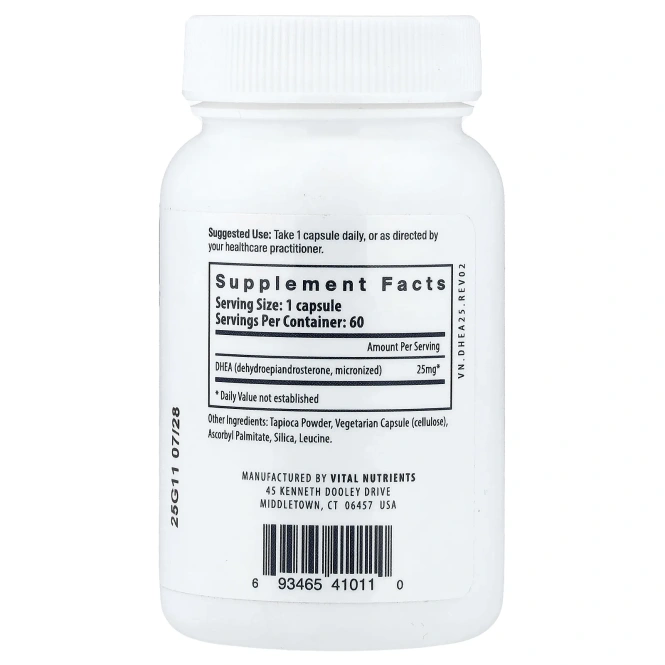 Vital Nutrients, ДГЭА (микронизированный), 25 мг, 60 веганских капсул