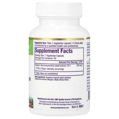 Paradise Herbs, мукуна, 60 вегетарианских капсул
