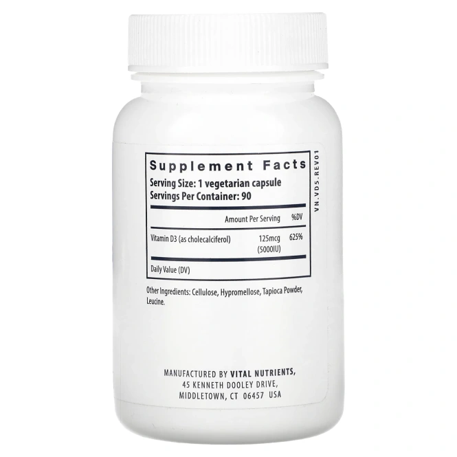 Vital Nutrients, Витамин D3, 5000 МЕ, 90 вегетарианских капсул