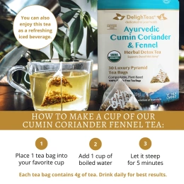 DelighTeas, Ayurvedic Cumin, Coriander & Fennel, травяной чай для выведения токсинов, без кофеина, 30 роскошных чайных пакетиков Pyramid, 120 г (4,2 унции)