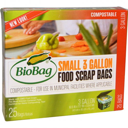 Biobag, Пакеты для пищевых отходов, маленькие, 25 пакетов, 3 галлона, 16,9 дюйма x 17,7 дюйма x 0,64 мил (43 см x 45 см x 16 мкм)