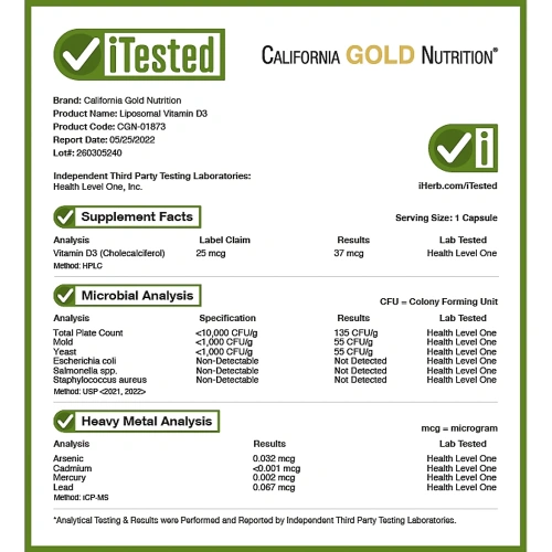 California Gold Nutrition, липосомальный витамин D3, 25 мкг, 1000 МЕ, 60 растительных капсул