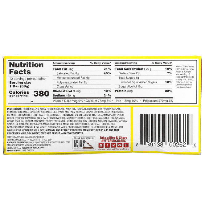 FITCRUNCH, батончик с термообработанным сывороточным протеином, арахисовой пастой и фруктовым джемом, 12 батончиков по 88 г (3,10 унции) каждый