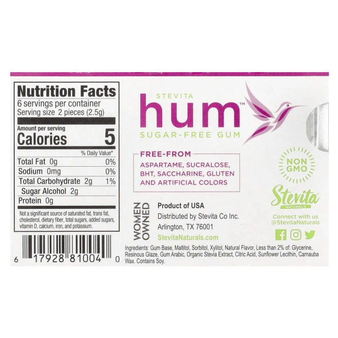 Stevita Naturals, Hum ™, жевательная резинка без сахара, фрукты, 12 шт.
