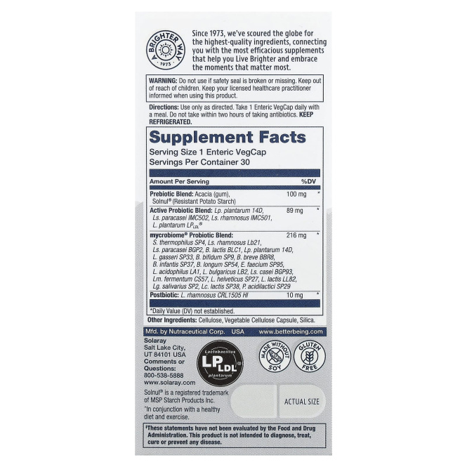 Solaray, Mycrobiome®, полноценный пробиотик, активный, 30 вегетарианских капсул