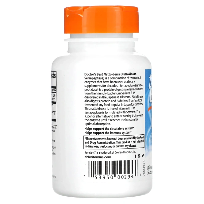 Doctor's Best Natto-Serra (Наттокиназа-серрапептаза), 90 капсул в растительной оболочке